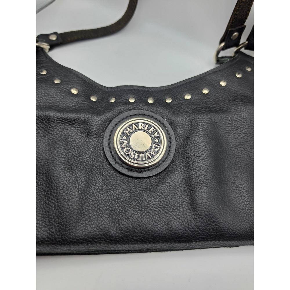 Harley-Davidson Black Pebbled Leather Studded Small Shoulder Bag Hobo Purse - Picture 2 of 11